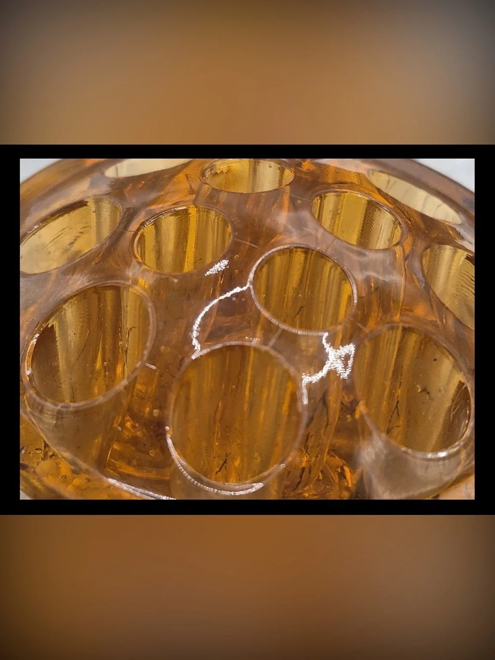 Vintage  Flower Frog Pair Marigold Amber Glass & Crystal Antique Imperial Glass